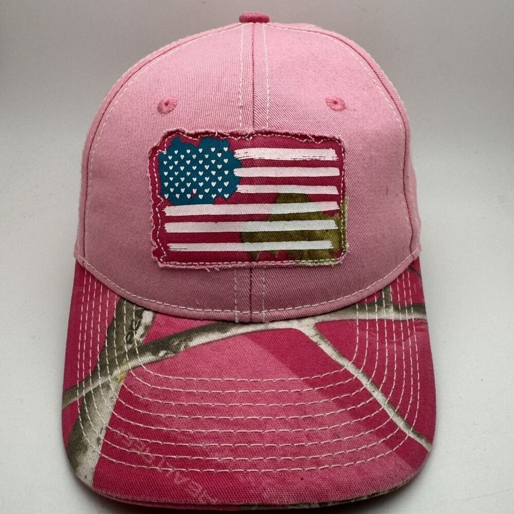 Buck Wear Women's Pink Camo Baseball Cap Hat Distressed USA Flag One Size